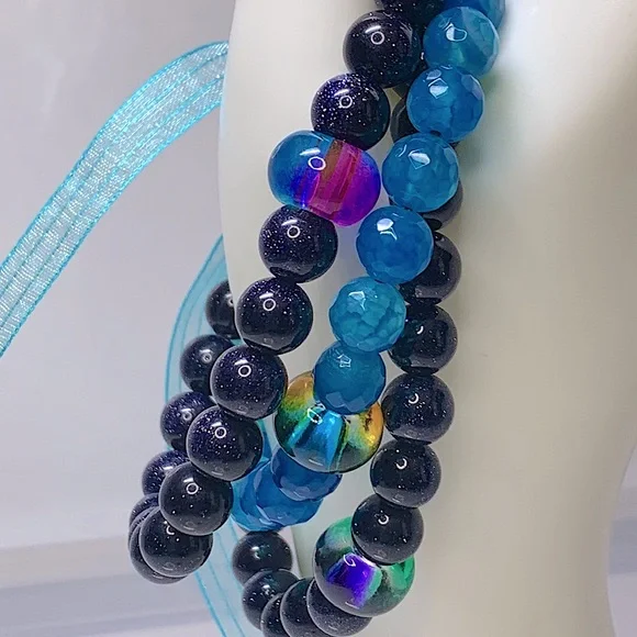 BLUE SANDSTONE + DRAGON VEINS  AGATE SET NATURAL BRACELETS size 7” - Picture 2 of 8